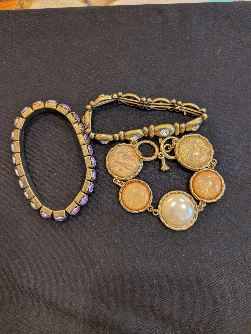 Gold-Tone Multi-Accent Bracelet Set Of 3 with Pearl and Iridescent Discs